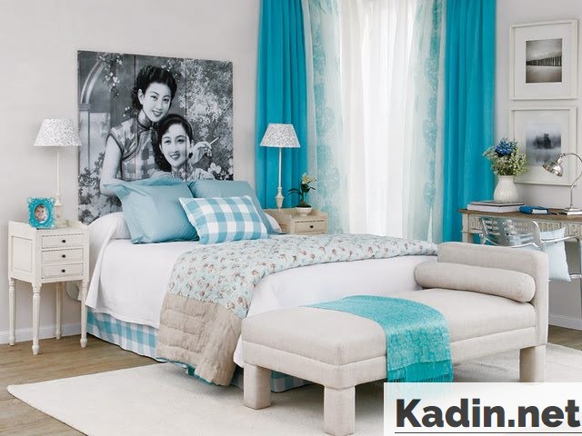 turkuaz beyaz yatak odasi dekorasyonu